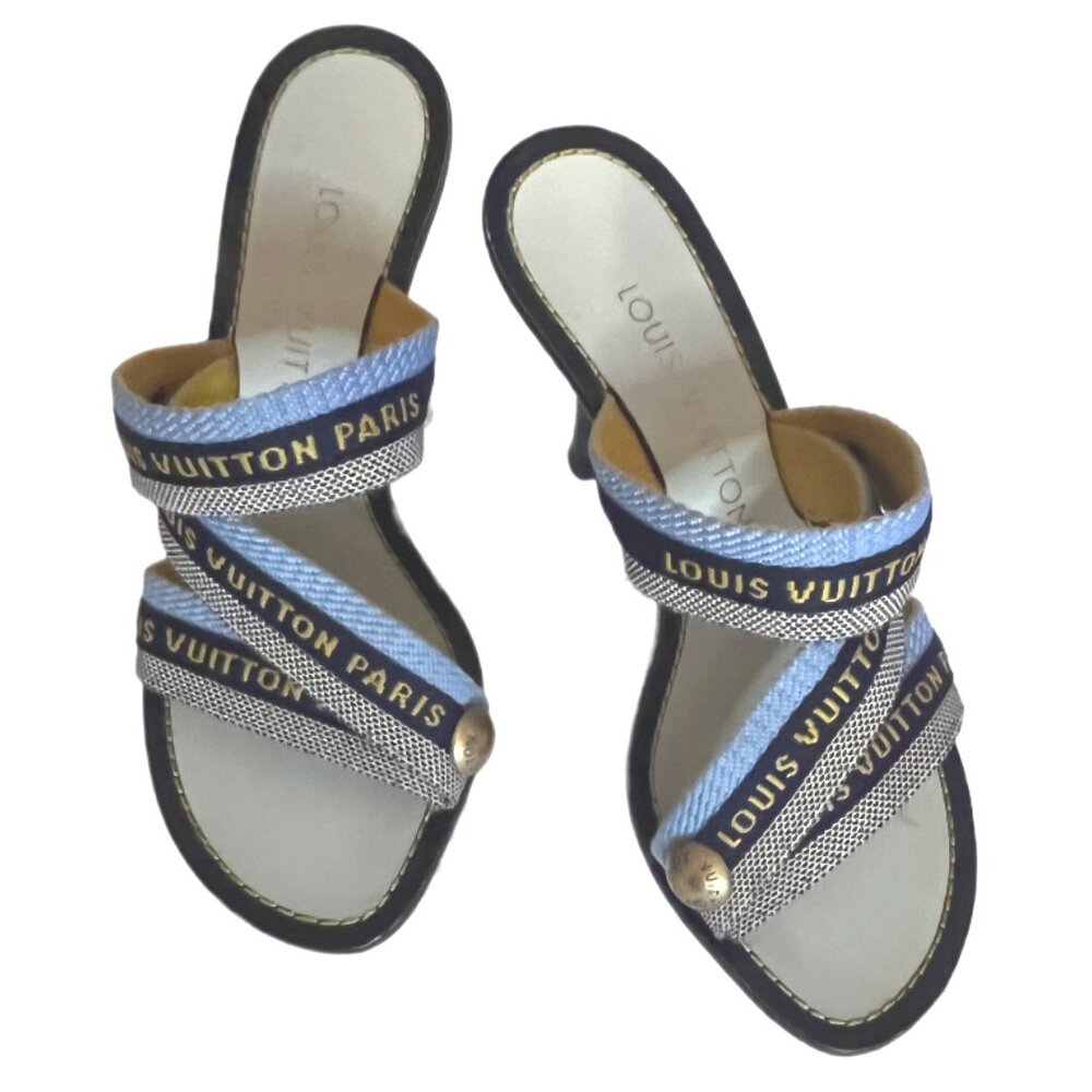 Louis Vuitton Paris Blue Canvas 3.5" Heeled Sandals Metal Logo Size 35/US size 5 - Picture 6 of 13
